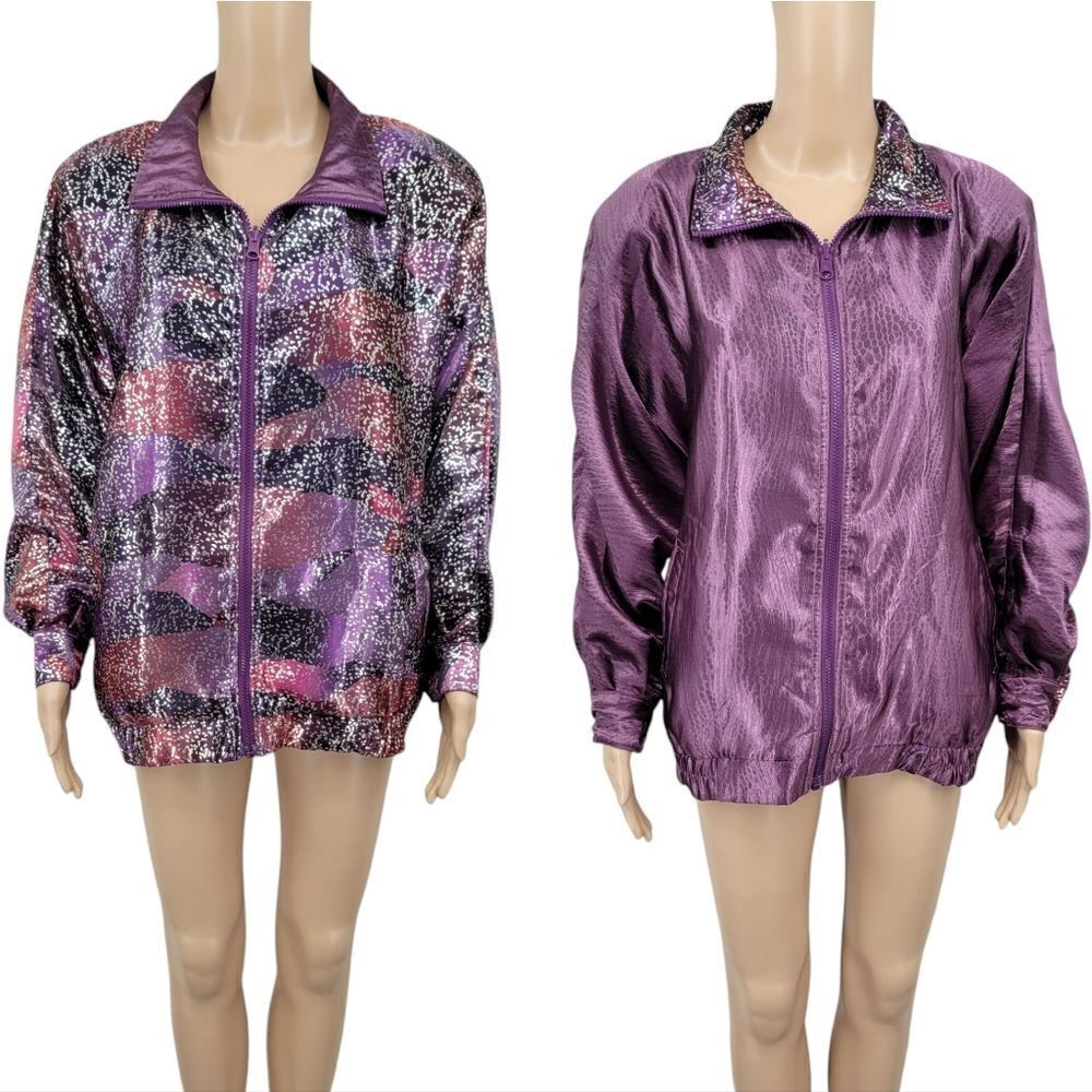 Rafael Vintage 80s Metallic Purple Reversible Satin Bomber Jacket Women's Small